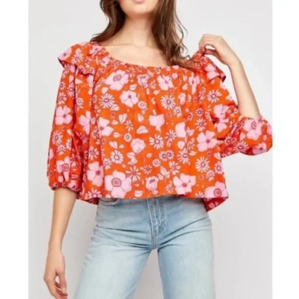 FREE PEOPLE Miss Daisy Floral Off Shoulder Top Ruffle Puff Sleeve Heat Wave Sz M